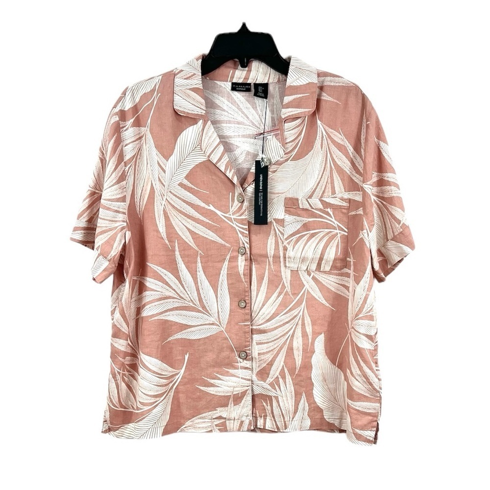 NWT Tahari Linen Nude Pink Tropical Palm Hawaiian Button Up Sleep Pajama Shirt